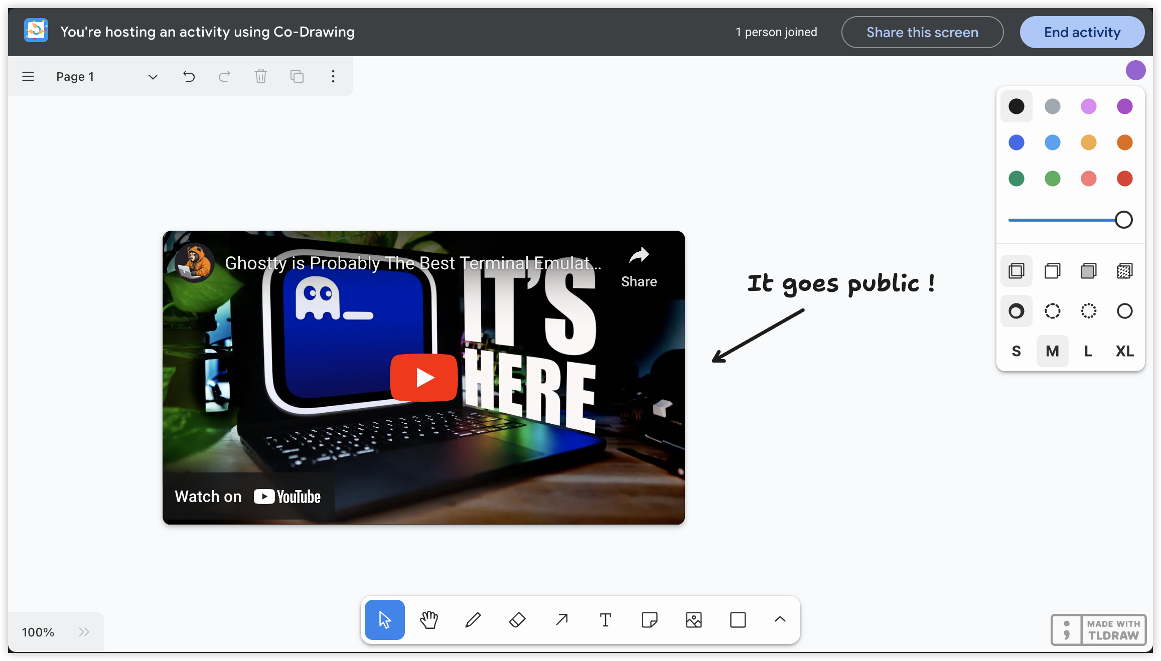 Co-Drawing inside Google Meet, with a shared canvas, an embedded video, and drawing tools